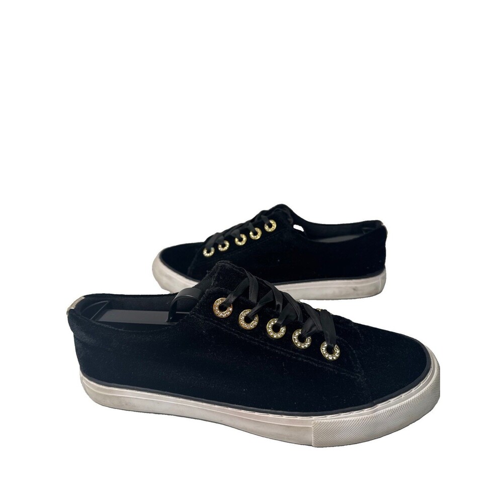 Lilly Pulitzer Black Velvet Sneakers Women 7.5 Gold Rhinestone Ribbon Lace